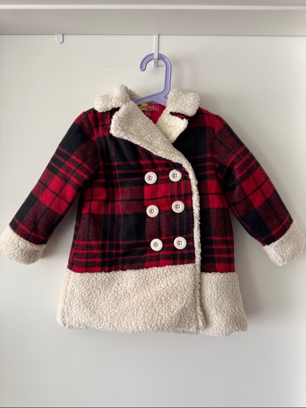 Penelope Mack Plaid Sherpa Coat Size 3 Toddler Red Black Peacoat